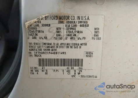 2004 Ford F-250 Lariat/Xl/Xlt z USA, uszkodzony, nr VIN 1FTNW21P44EB11493